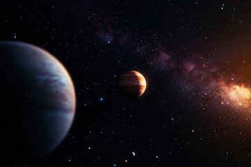 Stunning space scene with two planets against a backdrop of a radiant galaxy and countless stars