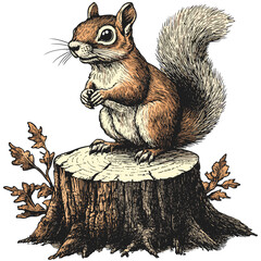 Black sketch squirrel, vintage tree stump illustration, woodcut style animal vector, retro forest art, antique wildlife design, hand drawn engraving, woodland creature scene