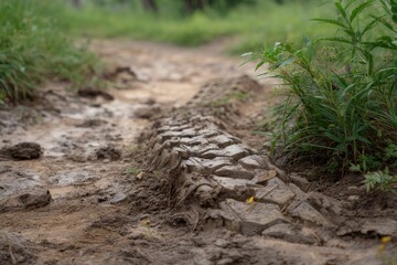 Obraz premium Muddy Track on Dirt Path with Green Vegetation