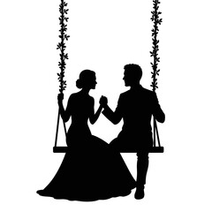 Couple silhouette on swing, black, wedding invitation design