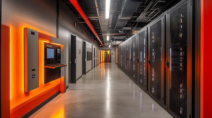 Obraz premium Data center hallway with rows of server racks, featuring orange accents and a polished concrete floor.