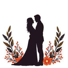 Couple silhouette wedding invitation design, orange floral frame, copy space