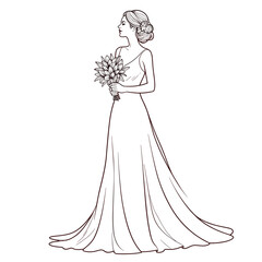 Bride in elegant gown holding bouquet, wedding illustration, line art style