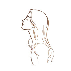 Woman serene profile, line art, brown tones, for wellness branding
