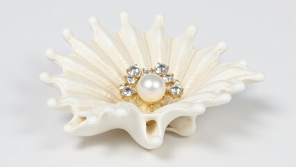 Fototapeta premium Elegant Pearl in Oyster Shell Jewelry Trinket Box with Rhinestones on White
