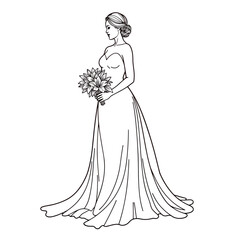 Bride in wedding dress holding flowers, line art illustration, for invitations