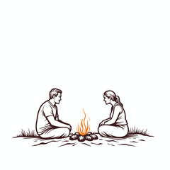 Couple sitting by campfire, hand-drawn illustration, for websites-Copy space