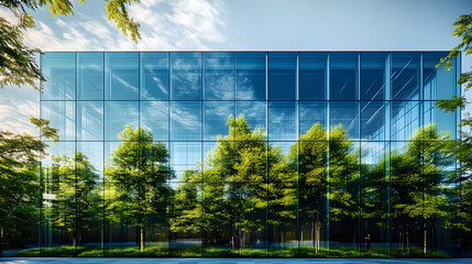 Exemplifying the ESG - Environmental, Social, Governance concept, a corporate glass building facade reflects green trees. Importance of integrating sustainability into business practice. Generative AI