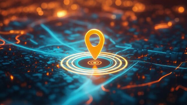 Vibrant GPS Location Pin Over Abstract City Map with Light Trails and Data Connections at Night