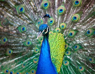 Obraz premium Majestic peacock displaying vibrant plumage. Close-up shot showcasing intricate details of feathers and eyes.