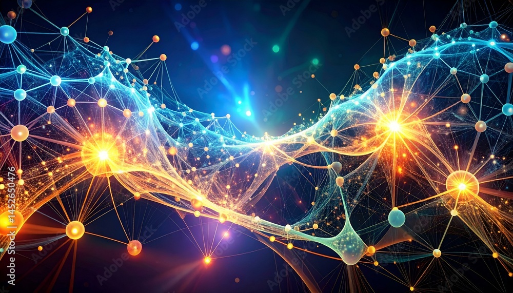Poster abstract digital art depicting a vibrant interconnected network of nodes and glowing lines, suggesti