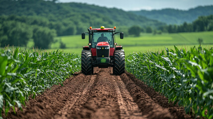 agriculture land with rows of corn and automated tractor