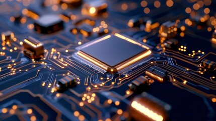 Intricate electronic circuit board with a central processor highlighted with golden accents