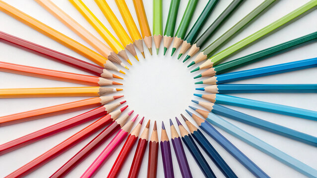 Colorful pencils arranged in a circle on white background creating a vibrant color wheel pattern