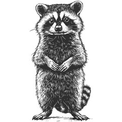 Black sketch raccoon, vintage woodcut, engraving style forest animal, hand drawn standing raccoon, antique wildlife vector, rustic illustration, old-fashioned line drawing,