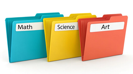 Three colorful file folders labeled math science and art on a white background in a row view