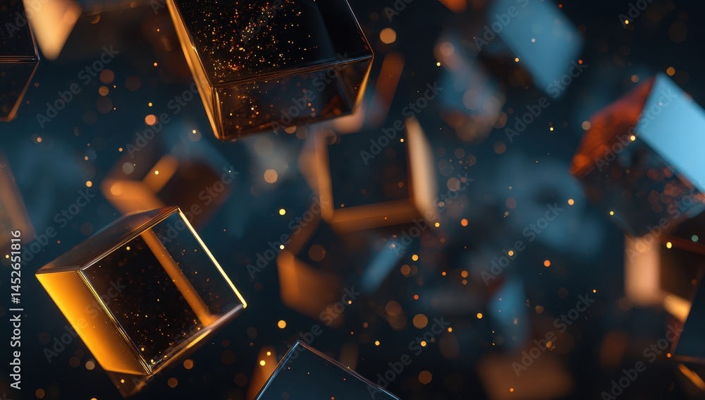 Poster abstract 3d rendering of floating glass cubes with golden sparkle