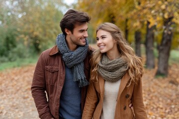 Fototapeta premium Couple Enjoying Autumn Walk in Park