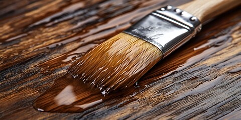 Fototapeta premium Paintbrush applying stain on rustic wood