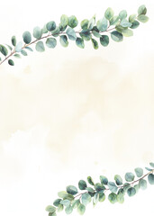 Green Eucalyptus Sprig Leaves against a subtle Yellow Watercolor Wash Background, Wedding Party Invitation Event Art