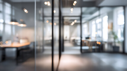 Blurred office interior with doorway modern workspace professional environment focused perspective
