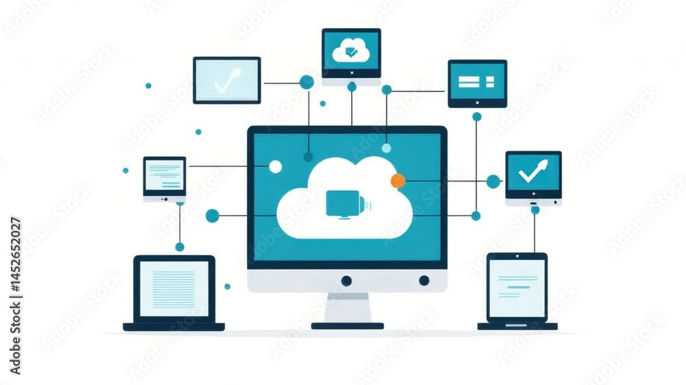 Poster digital cloud computing concept with devices and data flow in modern technology illustration
