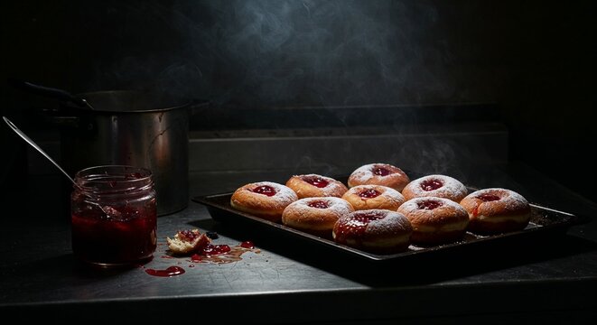 Jelly donuts sufganiyot arranged on a tray against a dark background   - Powered by Adobe