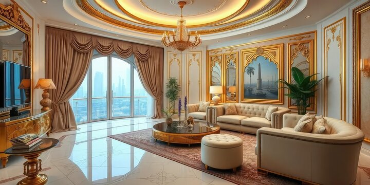 Opulent Dubai-style living room with gold accents and plush furnishings, velvet, space