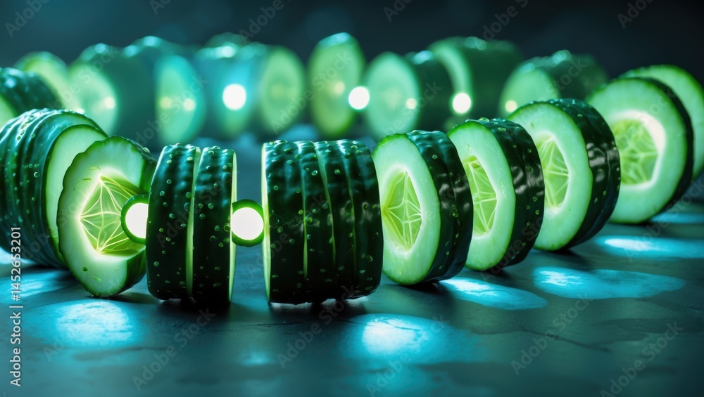 Poster sliced cucumbers arranged in a circular pattern illuminated by blue light, creating a refreshing and