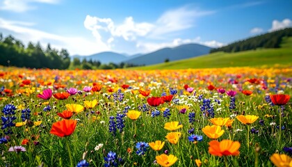 Obraz premium Vibrant wildflowers bloom in a picturesque mountain meadow under a bright blue sky. A stunning display of color and nature's beauty.