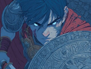 Intense warrior figure holding a decorative shield.