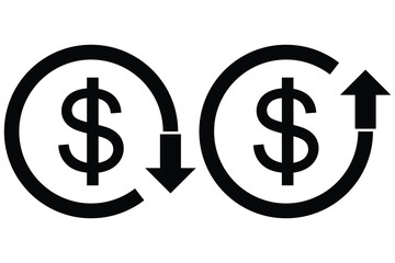 Money increase or decrease icon set. dollar decrease increase symbol. Dollar coin graph up and down. Money cost arrow growth, decline. dollar cost reduction icon.