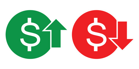 Dollar price up and down vector icon in outline style. Dollar coin graph up and down symbol. Money cost arrow growth, decline. Up and down dollar outline icon. cost reduction icon.