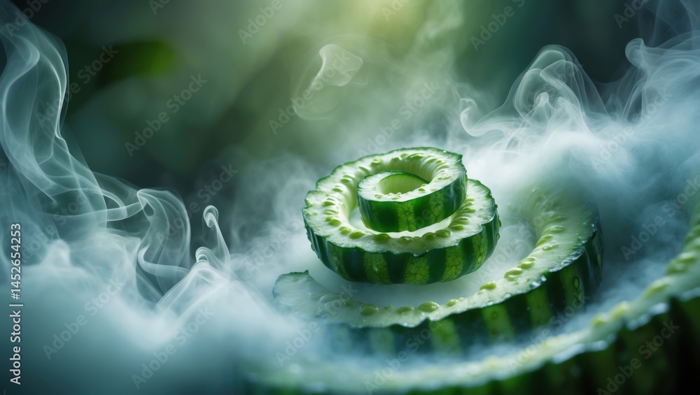 Poster a close-up of spiraled cucumber slices surrounded by soft, ethereal smoke, creating a fresh and vibr