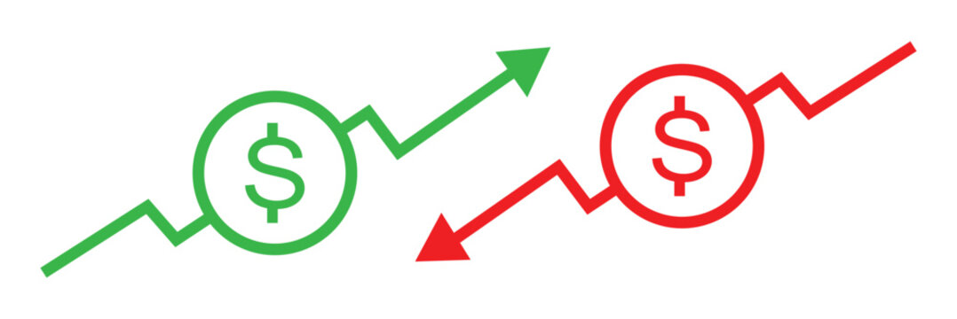 Dollar price up and down icon line style. Dollar coin graph up and down. Money cost arrow growth, decline. Dollar increase and decrease vector icons.