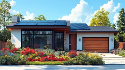Modern residential house with solar panels, vibrant flower garden, and clear blue sky