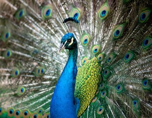 Fototapeta premium Majestic peacock displaying vibrant iridescent plumage. Close-up view showcasing intricate feather details and brilliant colors.
