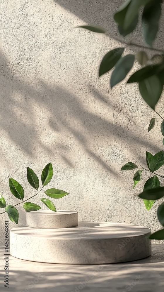 Poster A minimalist podium rests softly against a textured background, with two circular platforms displaying vibrant green leaves that create a serene atmosphere filled with natural light