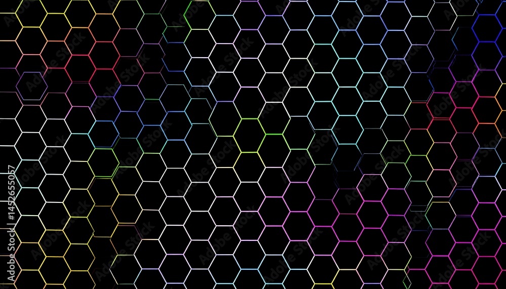 Poster abstract colorful hexagon pattern on black background. ideal for tech, design, and presentation back