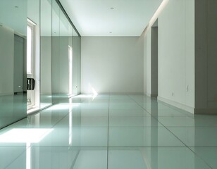 Modern minimalist interior design. Empty room with glass walls, glossy floor, and sunlight. Perfect for architecture, real estate, and home decor.