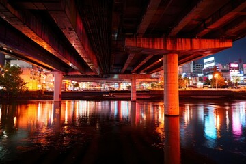 City lights reflecting in water under bridge at night, vibrant colors and moody atmosphere