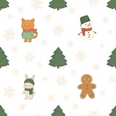 Seamless Christmas winter pattern with cute snowman, cat and bunny on white background. Cute winter animals. Winter print for kids fabric