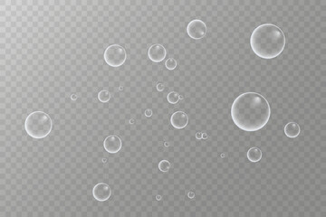Set of colorful soap bubbles for design creation. Isolated, transparent, realistic soap bubbles on transparent background.