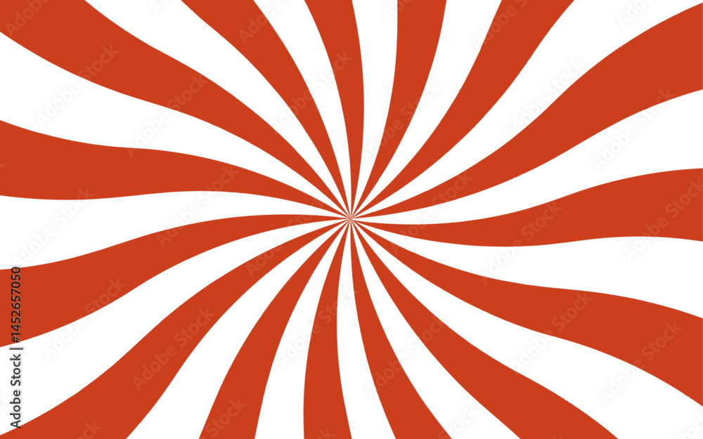 Poster Abstract  dynamic radial burst pattern with alternating red and white spiraling rays. Vintage and eye catching aesthetic suitable for pop-art backgrounds, posters, and visual illusions. 
