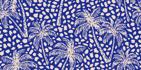 Tropical palm trees pattern with leopard background. Hawaii summer fashion for fabric, textiles, clothing, poster, cover, decoration, banner, wallpaper, interior decor. Vector illustration. © Udomdech
