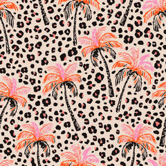Tropical palm trees pattern with leopard background. Hawaii summer fashion for fabric, textiles, clothing, poster, cover, decoration, banner, wallpaper, interior decor. Vector illustration. © Udomdech