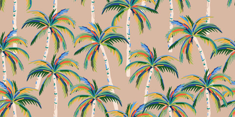 Tropical pattern with freehand drawn palm trees. Hawaiian summer background. Coconut tree print for fabric, textiles, packaging, cover, poster, banner, wallpaper, interior decor. Vector illustration. © Udomdech