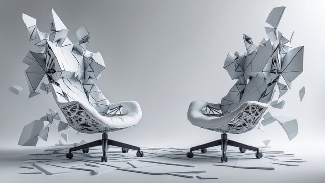Two modern white chairs breaking through a fragmented wall, symbolizing innovation and disruption in design
