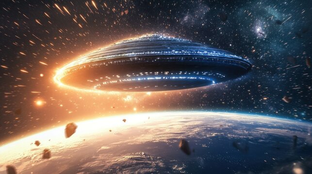 A giant intergalactic spaceship hovering above Earth, surrounded by debris. background wallpaper AI generated image