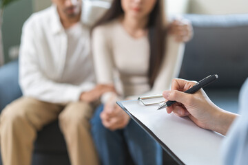 Psychology, depression asian young couple love woman and male patient consulting problem mental...